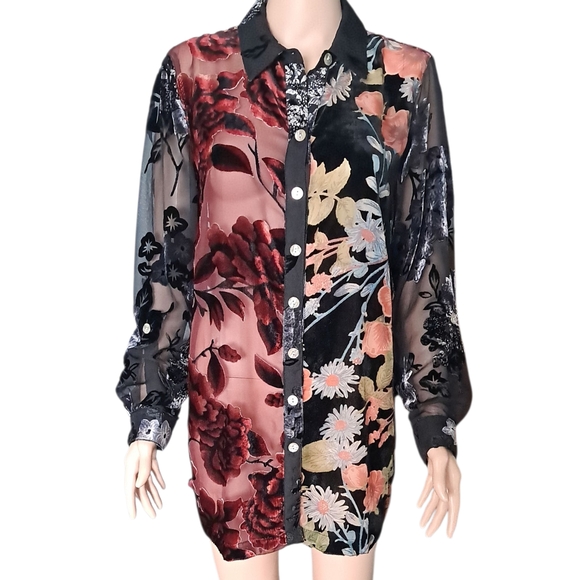 John Mark Women's Blouse M Velvet Floral Sheer Long Sleeve Button Front Top NWT - Picture 1 of 11